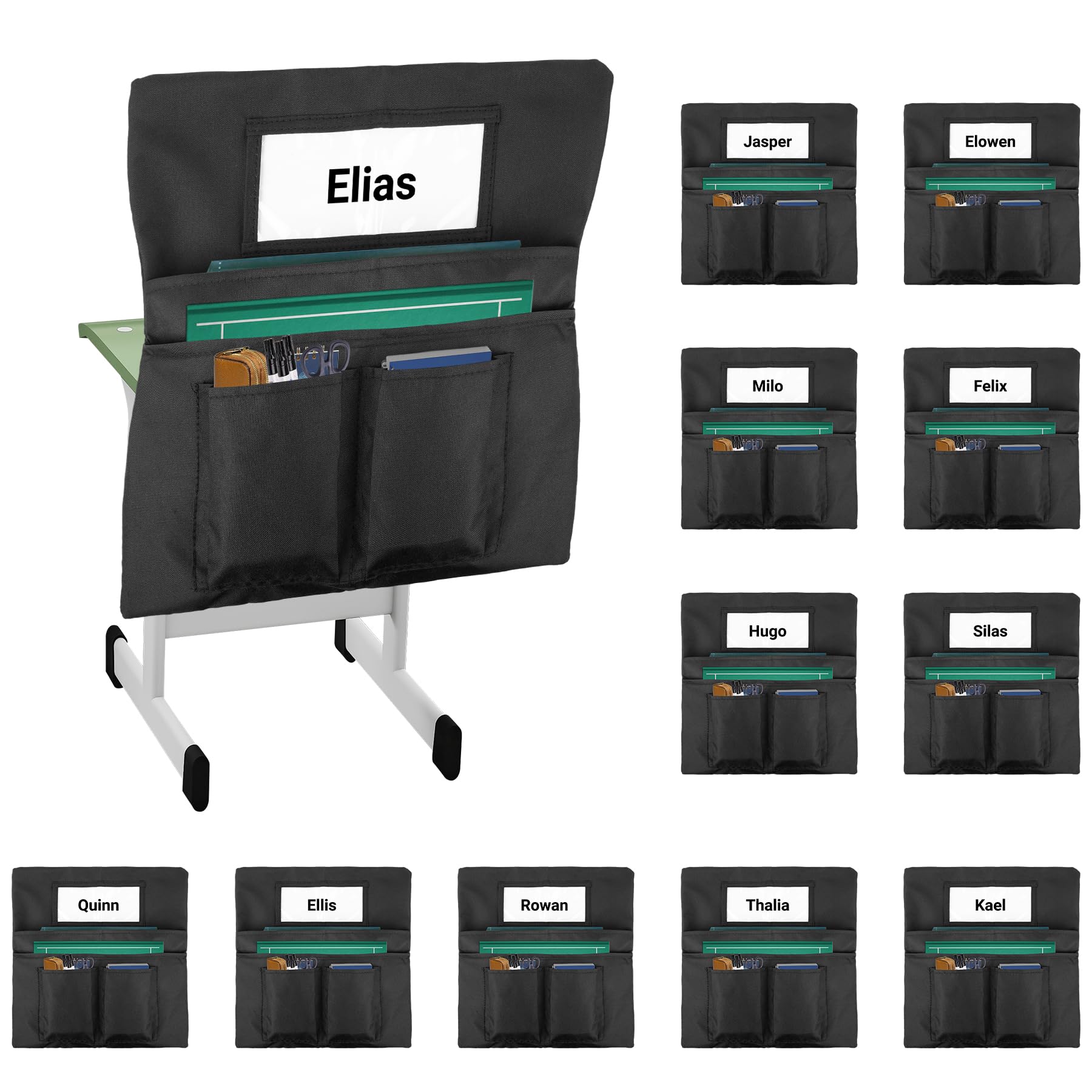 Photo 1 of Toriexon 12 Pack Chair Pockets for Classrooms, 20 x 17 Inch Seat Sacks for Classroom Chairs k-2 with Name Slots and Tags, Chair Pockets for Kindergarten, School, Home, Office (Black)