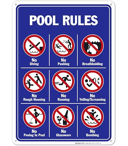 thumbnail interactive-video image 1 of SmartSign Pool Rules No Diving, No Peeing, Swim At Your Own Risk Screen Printed Metal Sign 40mm Laminated Rustproof Aluminum Multi Colour 14\" X 10 1 of 13