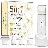 Bikini Trimmer for Women, 5-in-1 Electric Razors Shaver, IPX7 Waterproof Cordless Body Hair Trimmer, Rechargeable Facial & Pubic Hair Remover, Ceramic Blade Bikini Shaver, Gifts for Women (White)