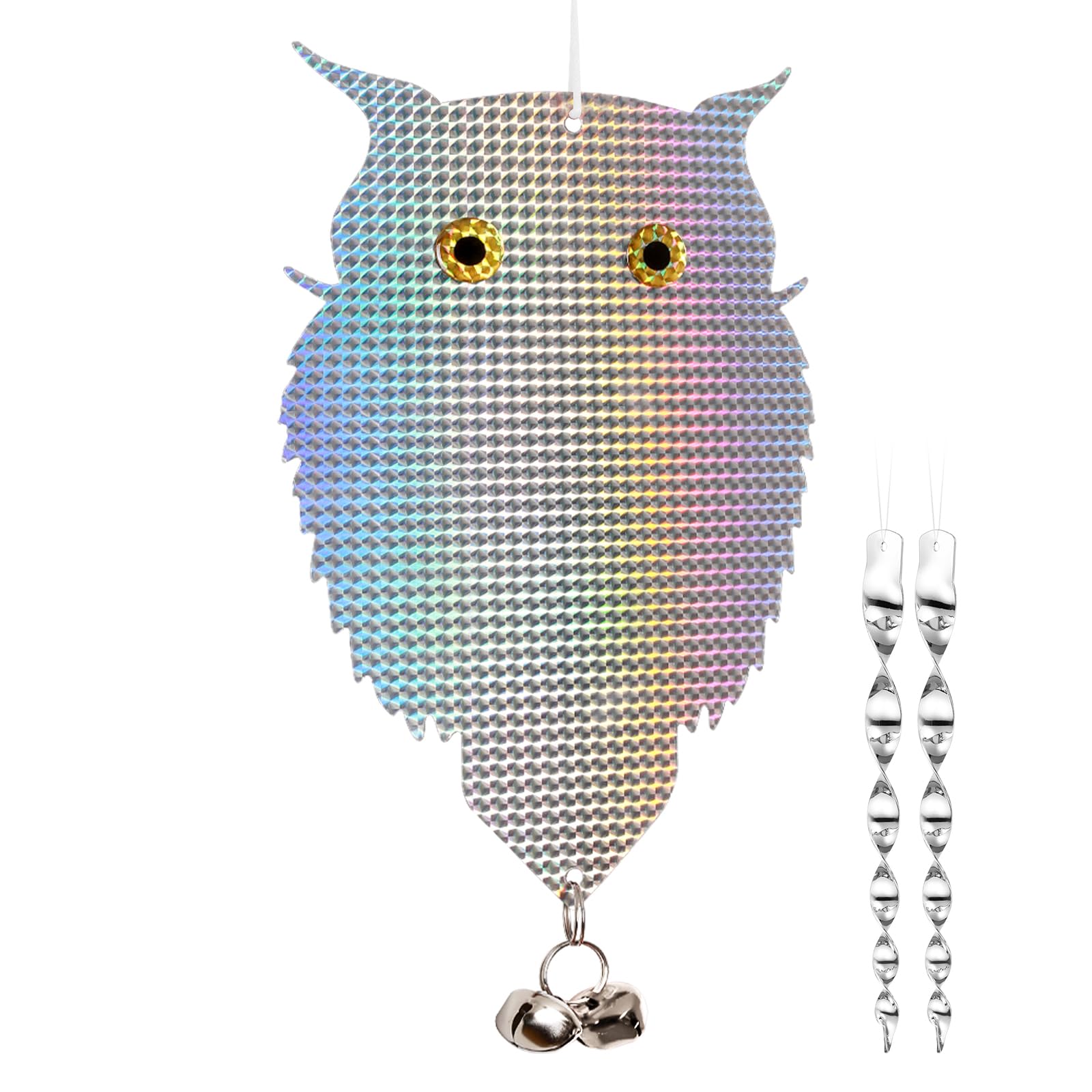 OFFO Owl Decoy for Pigeon Deterrent Hanging Outdoors Reflective Plastic Owls to Scare Pigeons to Keep Birds Away on Gardens with Bells 1 Pcs+ 2pcs Bird Scare Rods