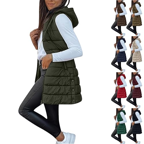Women Gilet Long with Hood Winter Warm Padded Vest Zip Up Quilted Waistcoat Hiking Sports Outdoor Overcoats Long Casual Sleeveless Down Coat Ladies Body Warmer Hooded Gilets