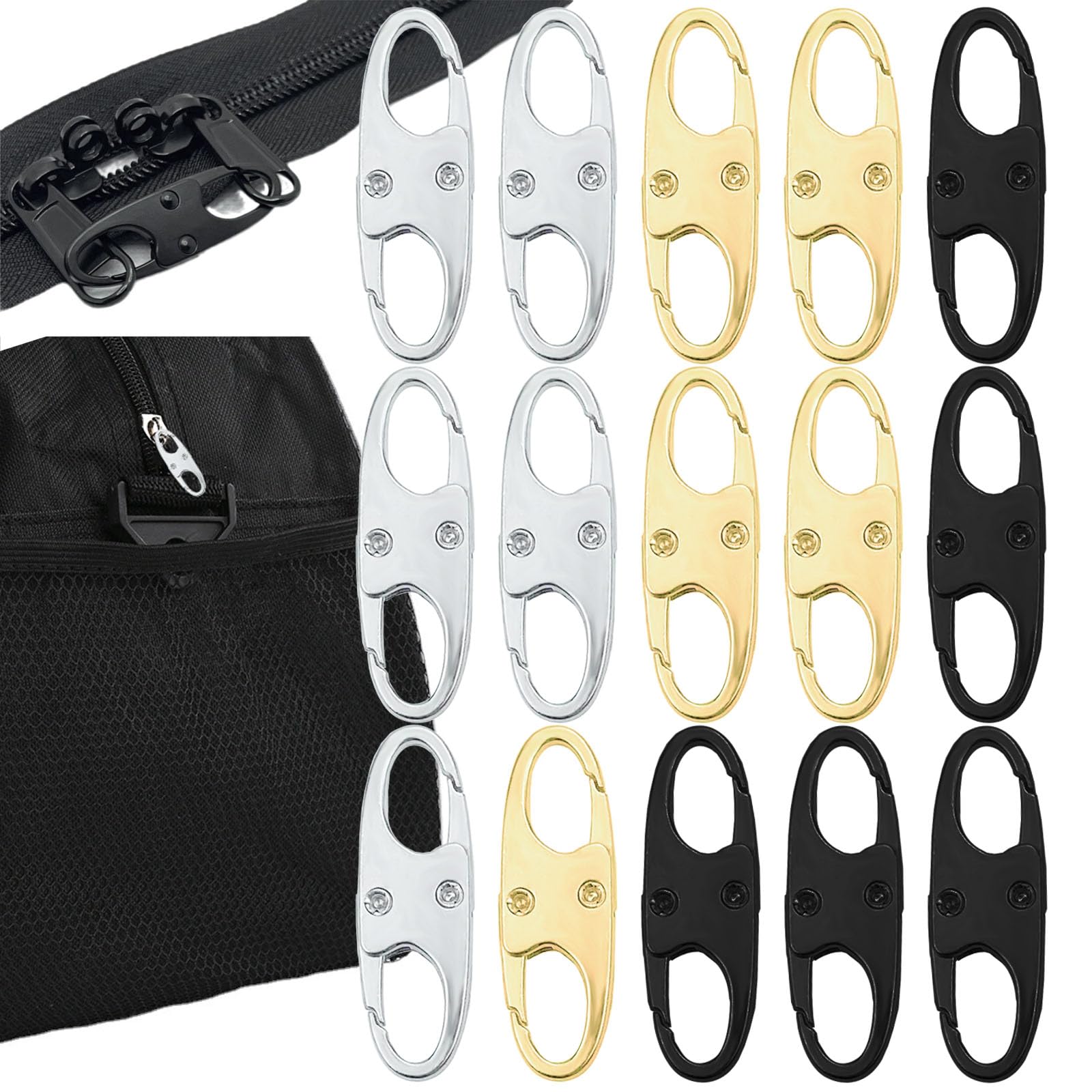 Qusmeiyici 12PCS Zipper Lock Clips, Zipper Clips Anti Theft Deterrent Small Zipper Outdoor Travel Clip Double Opening Snap S Hooks for Backpacks Camping Fishing Traveling Outdoor Sports