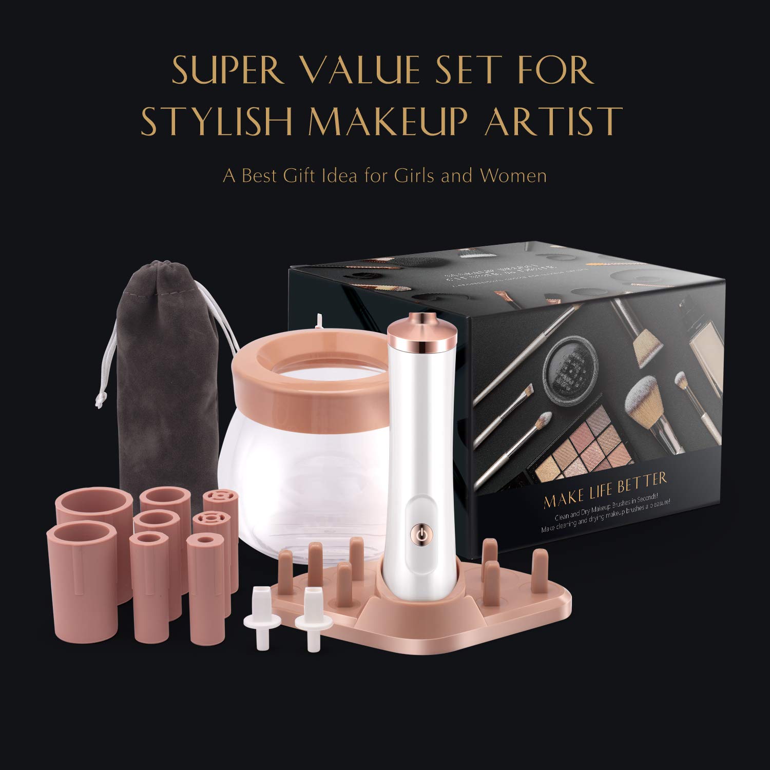Upgraded Makeup Brush Cleaner and Dryer Machine, Electric Automatic Cosmetic Brush Spinner Fast Wash and Dry Makeup Brushes, Brush Cleaner with 8 Size Rubber Collars and 1 Brush Cleaning Mat: Beauty