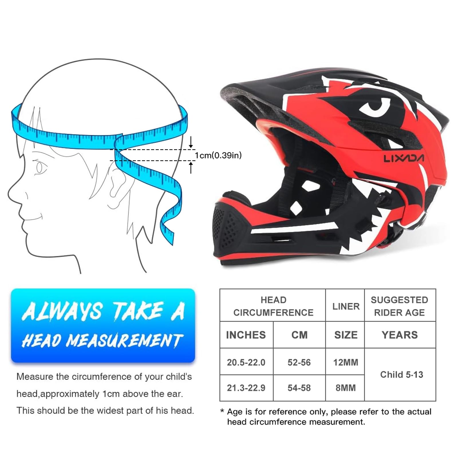 Lixada Kids Bike Helmet Adjustable Detachable Full Face Helmet for Cycling Helmet for Children Bicycle, Skateboard, Scooter, Protective Gear (20.5-22 Inches)