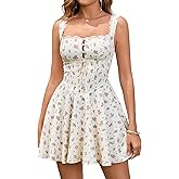 Women's Square Neck Lace Summer Casual Mini Dress Ruffle Flowy A Line Corset Buttons Cute Short Graduation Dresses