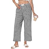 Lallabai 2026 Women Striped Gingham Palazzo Cropped Pants Lounge Boxer Pajama Pants Wide Leg PJ Bottoms Trousers with Pockets