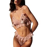 OSUGA Sexy Floral Lace Sheer Lingerie Set Cute Strappy Embroidered Mesh See Through Panty Bra with Thong