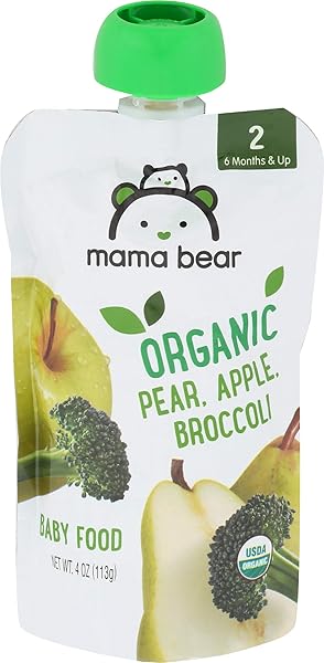 AMAZON BRAND – MAMA BEAR ORGANIC BABY FOOD POUCH, STAGE 2, PEAR APPLE BROCCOLI, 4 OUNCE (PACK OF 1)