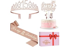 JUESLY 15th Birthday Decorations for Girls, Including Sash, Crown/Tiara, Candles, Cake Toppers. 15th Birthday Gifts for Girls
