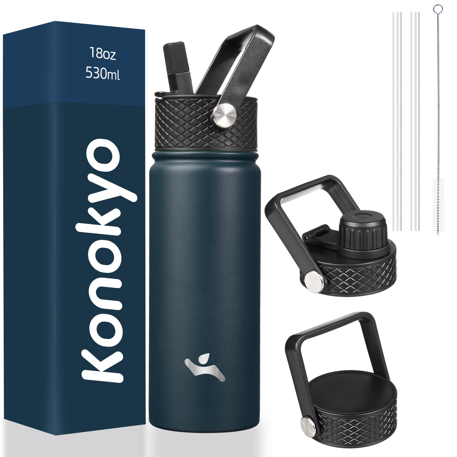 Photo 1 of Konokyo 18 oz Insulated Water Bottle Stainless Steel Sport Bottles with 3 Lids,Navy Blue