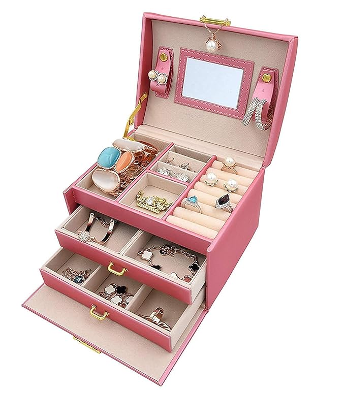 Brezleen Pink Jewelry Box Leather Earring Rings Organizer Mirrored