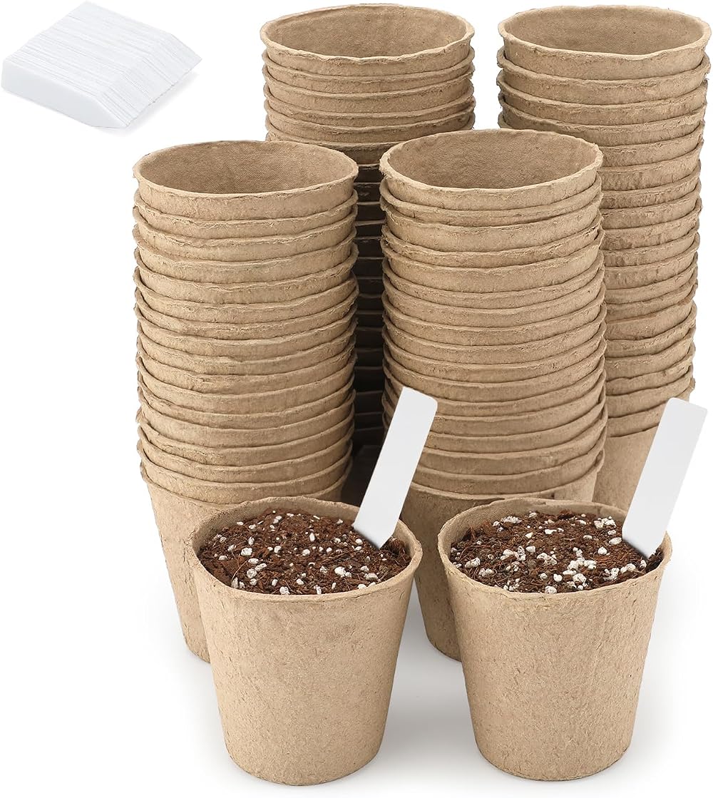 KINGLAKE Biodegradable 6cm Fibre Plant Pots 100Pcs with Labels