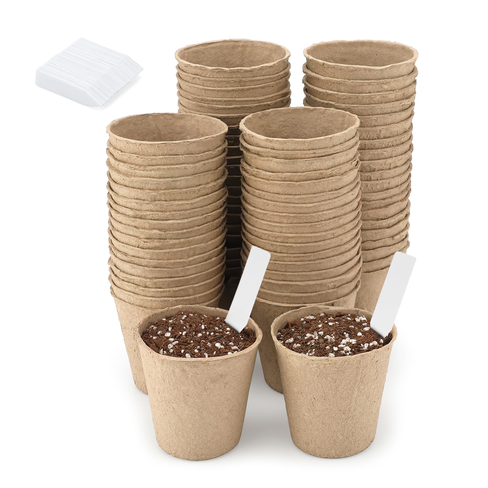 KINGLAKE Biodegradable Small Plant Pots Fibre Seedling Pots, 6cm 100Pcs Compostable Flower Seed Pots for Planting Vegetables, Fruits, Herbs with 100 Plant Labels