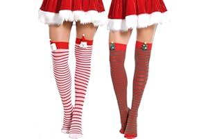 Yilanmy Christmas Thigh High Socks Striped Over Knee Thigh High Stockings Candy Cane High Stockings with Bow