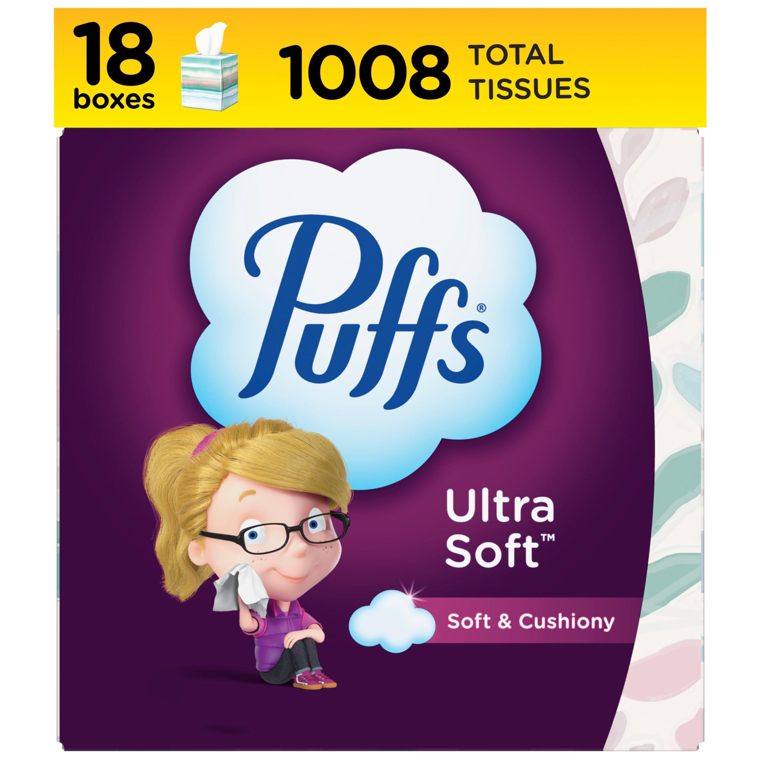 Puffs Facial Tissue Ultra Soft Non-Lotion, 18 Cube Boxes, 56 Facial Tissues per Box, Allergies and Colds (Packaging May Vary)