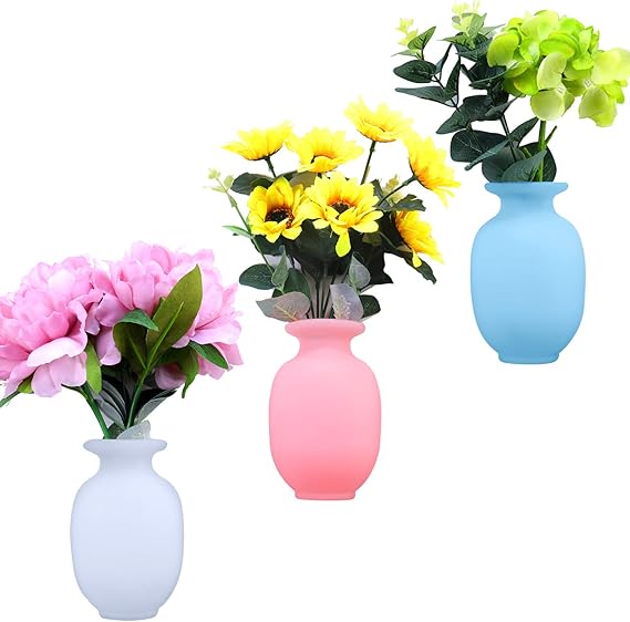 Boao 3 Pieces Silicone Adhesive Flower Vases Removable Wall Mounted Vases Adhesive