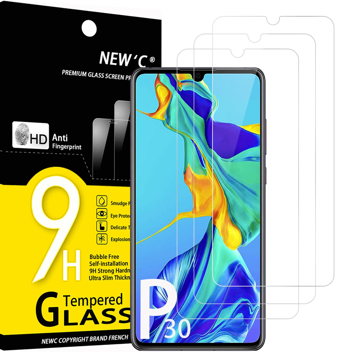 NEW'C 3 Pack Designed for Huawei P30 Screen Protector Tempered Glass, Case Friendly Anti Scratch Bubble Free Ultra Resistant