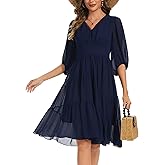 Kormei Women's V Neck 3/4 Sleeve Boho Flowy Short Dress Wedding Guest Party Casual Chiffon Mini Dresses