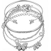 Caiyao 14K Gold Bohemian Layered Stacking Link Chain Butterfly Pendant Honeycomb Bangle Set Rhinestone Bead Bracelet Stackable Animal Cuff Jewelry for Women