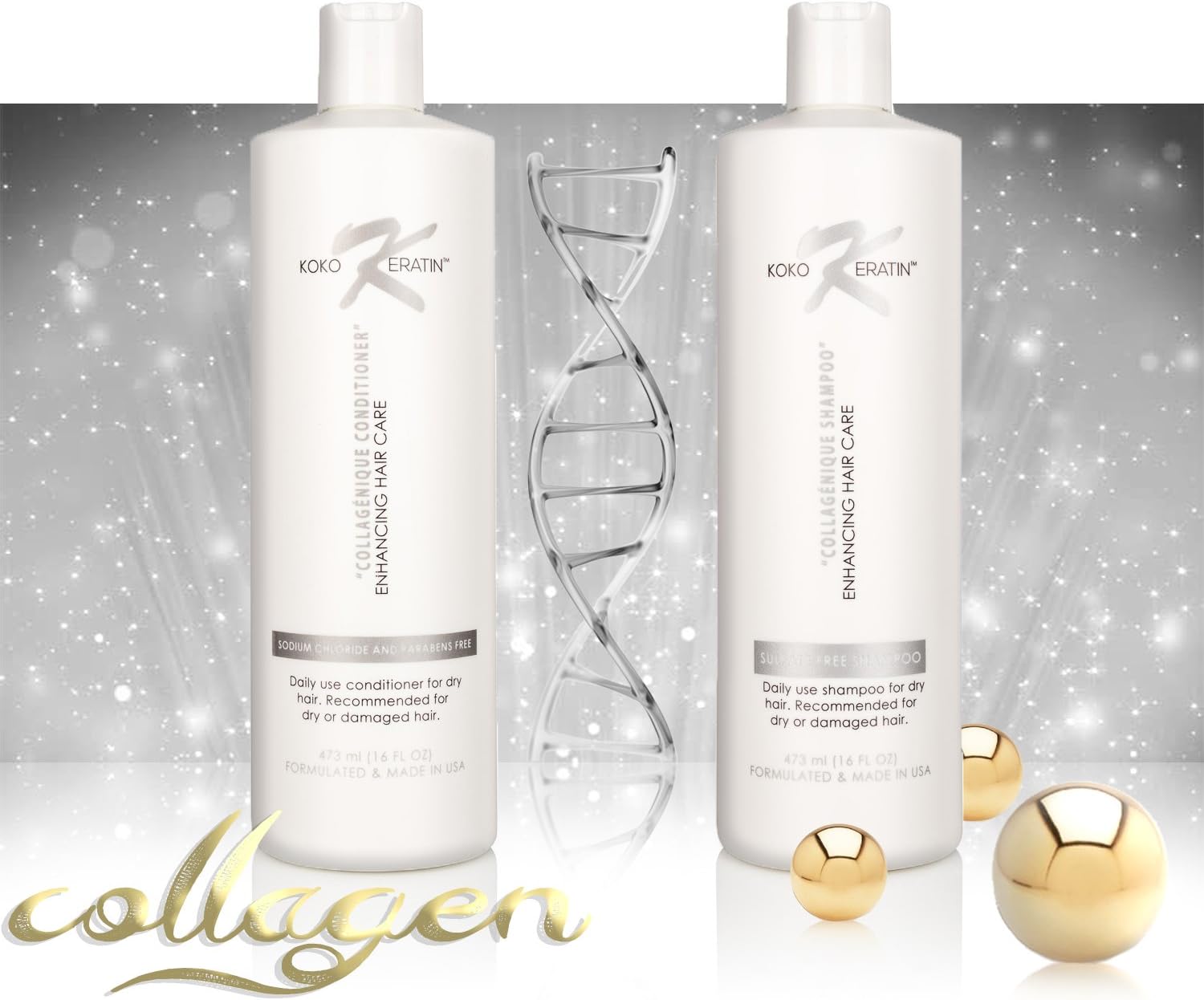 Collagen Shampoo & Conditioner 16oz Sodium Chloride and Paraben Free For Daily Use. Enhancing Keratin Care. For Dry Or Damaged Hair (2 pack bundle)