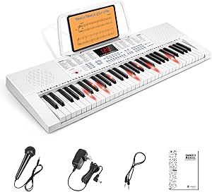 Vangoa VGK611 Piano Keyboard 61 Mini Lighted Key, Portable Electric Piano for Beginners with 3 Teaching Modes, Microphone, Adapter, Manual, White