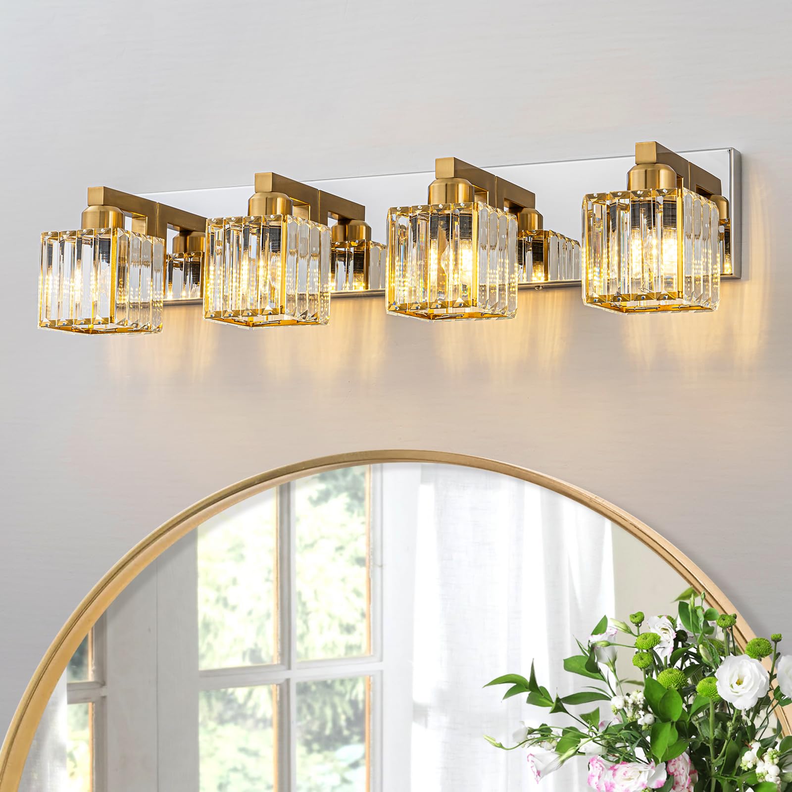 huoku crystal bathroom vanity light gold chrome 4-light modern chrome vanity light for bathroom squa
