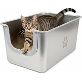 Stainless Steel Litter Box 11.8" High Sides for Big &amp; Medium Cats | One-Piece Metal Pet Toilet with Curved Low Entry, Anti-Leakage, Non-Stick, Odorless Kitten Litter Pan, Easy to Clean