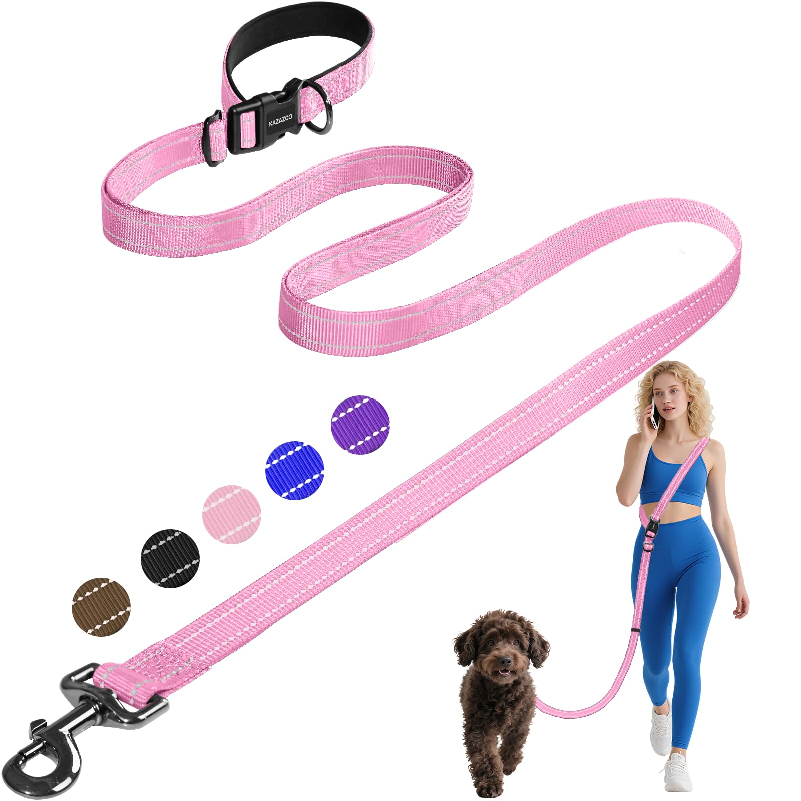 Photo 1 of Kazazoo Hands-Free Dog Leash Adjustable Length 5-8 Ft, Waist for Dog Walking, Running for Small &Medium Dogs with Reflective Strips, Ballistic Nylon, Waist Belt, Lightweight Pink