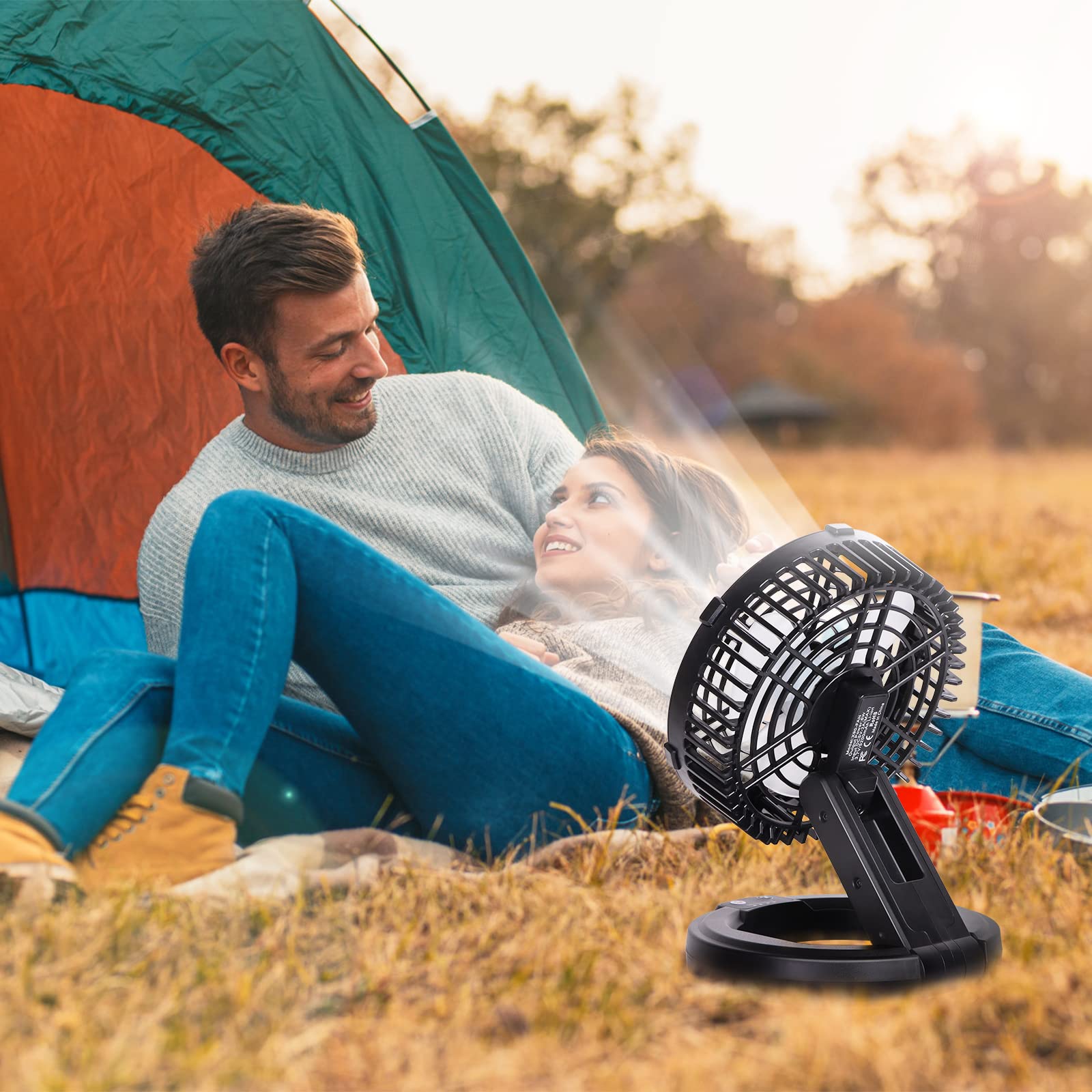 RUNTOP Portable Fan Battery Operated, Rechargeable Foldable Camping Fan with LED Light & Hanging Hook, USB Small Table Fans for Tents Travel, Home Office Bedroom,3 Speeds Battery Powered Desk Fans