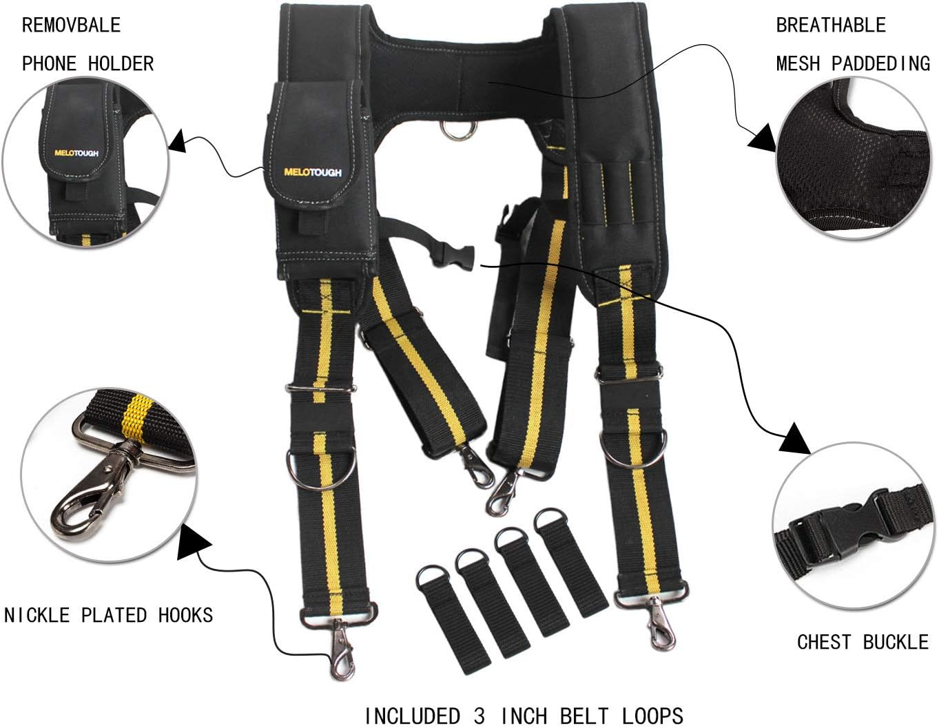 Melo Tough Suspenders Tool Belt Suspenders with Large Moveable Phone Holder, Pencil Holder, Adjustable Size Padded Suspenders (Yellow) - - 