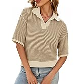 Cicy Bell Womens Striped Cropped Sweaters Tops Color Block Short Sleeve Knit V Neck Fall Casual Pullover