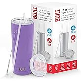BUILT Double Walled Stainless Steel Tumbler Set with Replacement Lid, 2 Reusable Tritan Wire Straw Cleaning Brush in Gift Box, 20-ounces, Amethyst