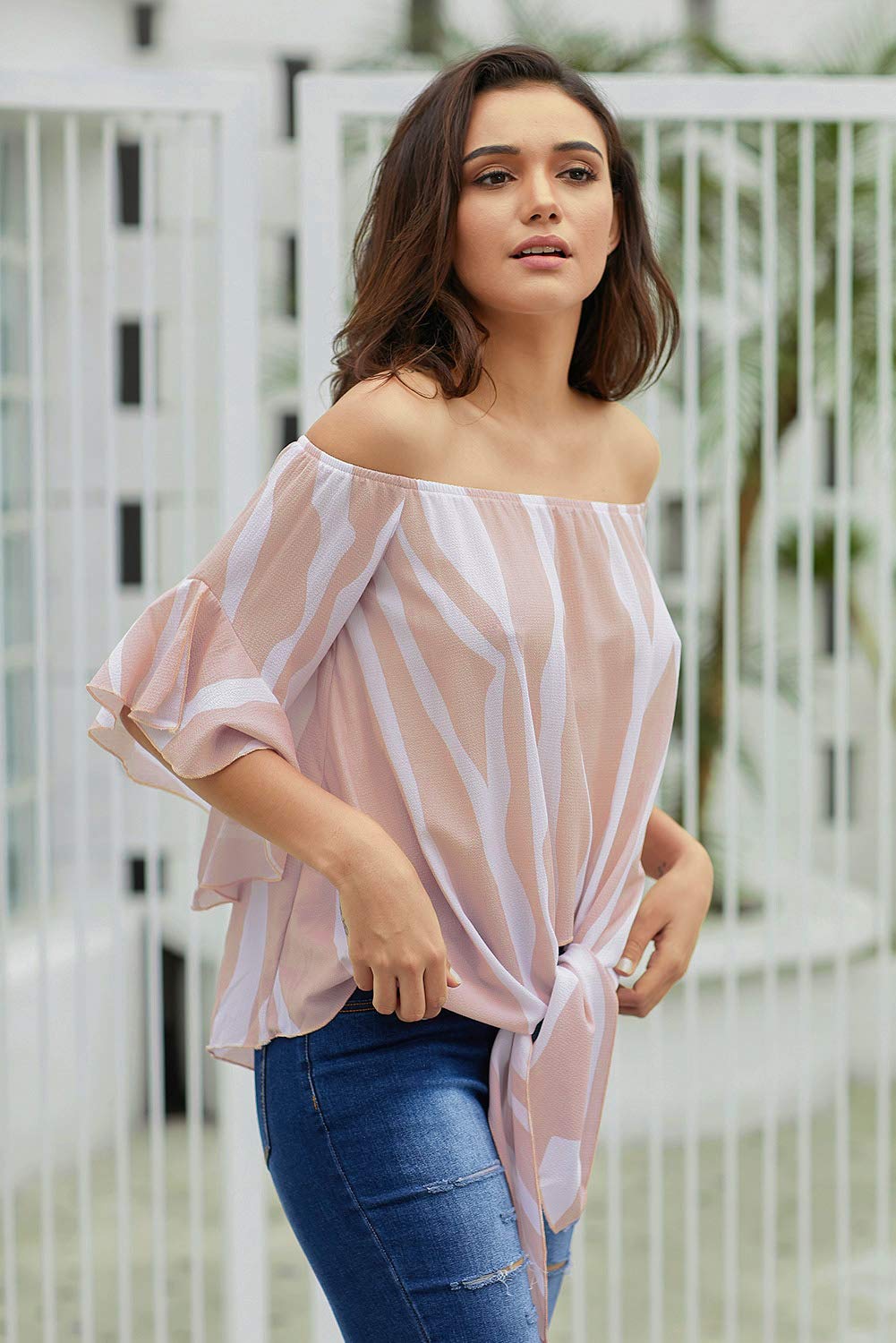 Women\'s Summer top Off-The-Shoulder Sexy Flared Sleeve Bow tie Casual Shirt (Purple, L)