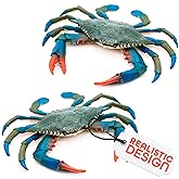 2 Pcs Blue Crab Decor, Plastic Crab Toy &amp; Cake Topper, 6.6 x 5.3 In | Realistic Plastic Crabs With Ridged Shells and Molded Claws for Aquarium Scenes, Seafood Boil Tables and Halloween Displays