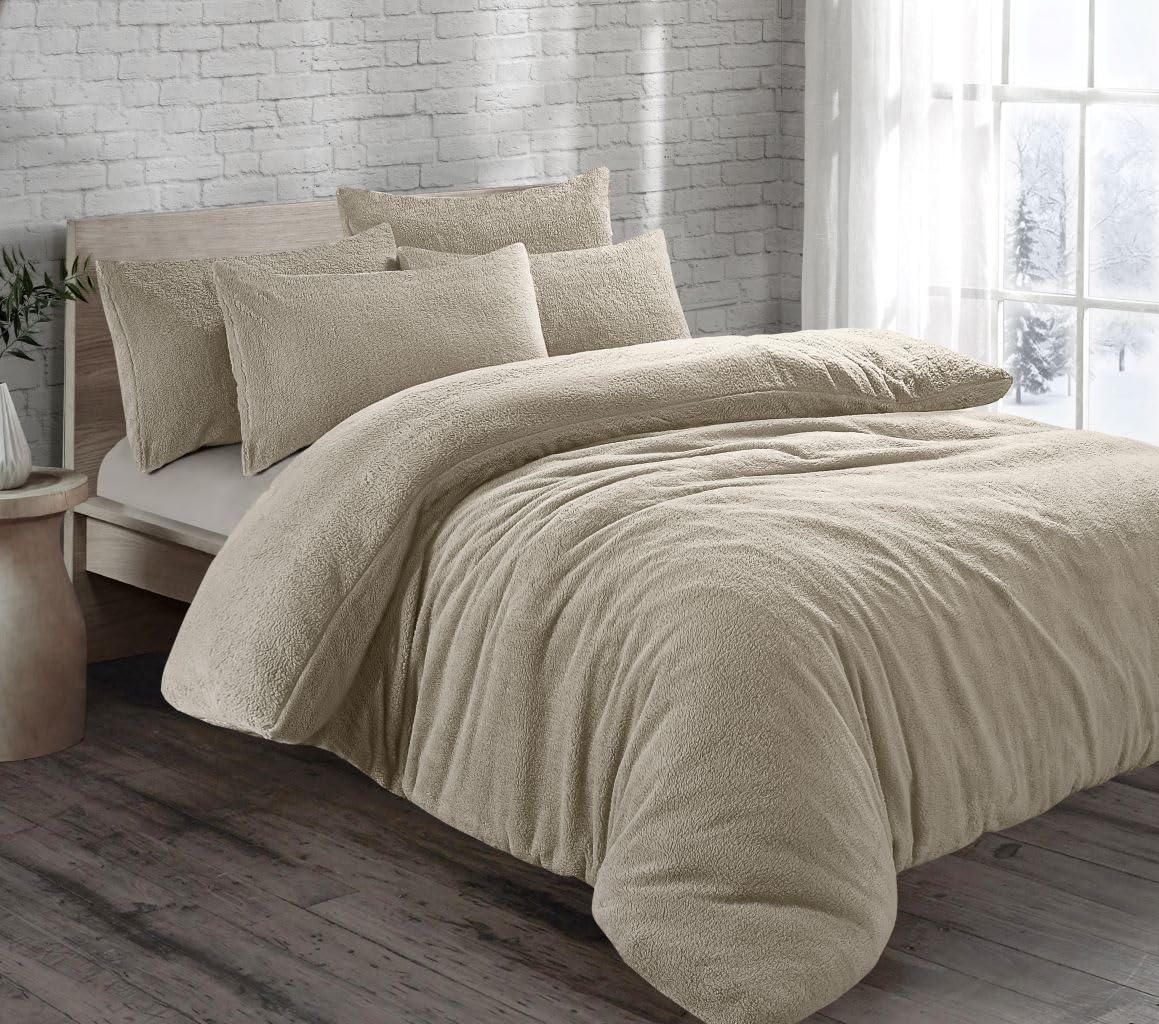 Velvet Stitch Teddy Fleece Duvet Cover with Pillow Case Plain Thermal Fluffy Warm Cosy Super Soft Bedding Set (Single, Cream)
