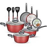 NutriChef 12-Piece Nonstick Kitchen Cookware Set-PTFE/PFOA/PFOS-Free Heat Resistant Lacquer Kitchen Ware Pots Pan Set Dark Gray/Red- Saucepot, Pans, Cooking Pot Oven Pot, Lid, Utensil - NCCW12RED