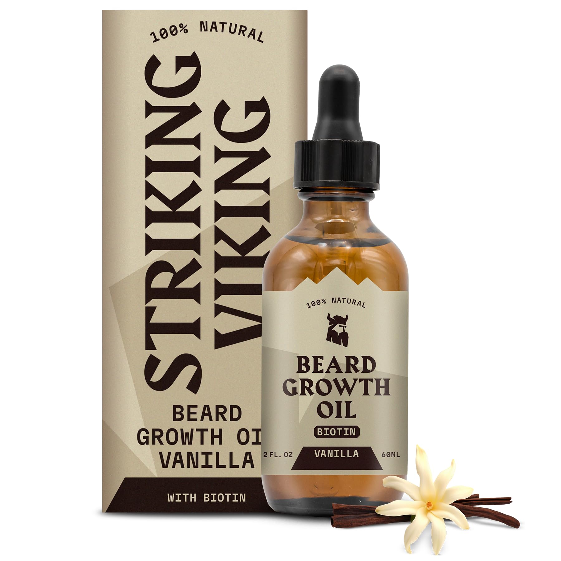 Striking Viking Beard Growth Oil with Biotin - 60 ml, Vanilla - Beard Serum for Smooth Grooming - Facial Hair Growth Oil with Argan & Jojoba - Hair Serum for Hydration & Smoothness