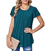 BAISHENGGT Womens Blouses Dressy Casual Shirts Flutter Short Sleeve Pleated Front Mesh Summer Tunic Tops