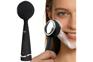 PRITECH Facial Cleansing Brush, Rechargeable Silicone Face Scrubber with Constant-Temperature Heating, Vibrating Exfoliator Scrubber for Deep Pore Cleaning, Waterproof Face Brush for Women & Men-Black