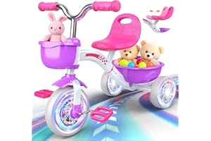 Kkdi Toddler Tricycle for 1-3 3-5 Year Olds, Toddler Baby Bike, 2 3 4 5 Year Old Girl Birthday Gifts, Outdoor Riding Toys for Ages 2-4, 4-Level Adjustable Seat, 3 Color Light Wheels, 2 Baskets