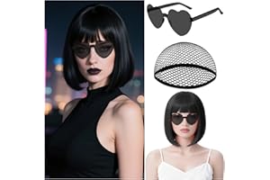 MEEZY Black Short Bob Wigs Straight Hair with Flat Bangs Heart Shape Sunglasses for Women, Colorful Funny Cosplay Party Neon Wig Synthetic Natural As Real Carnival Halloween Costume