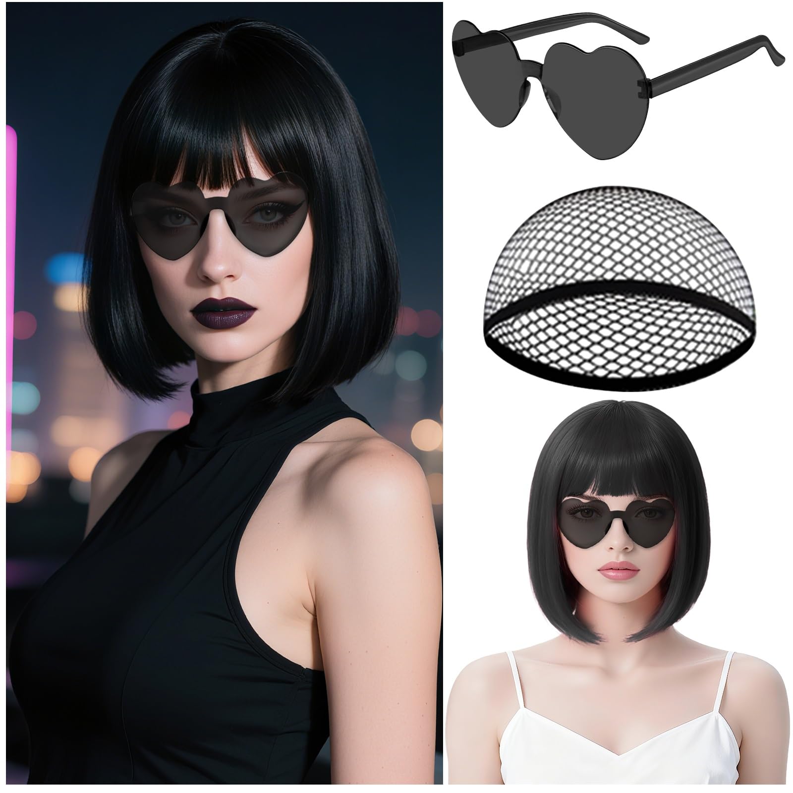 View 1 of **PRE-CUT*** MEEZY Black Short Bob Wigs Straight Hair with Flat Bangs Heart Sunglasses for Women, Colorful Funny Cosplay Party Neon Wig Synthetic Natural As Real Carnival Halloween Costume