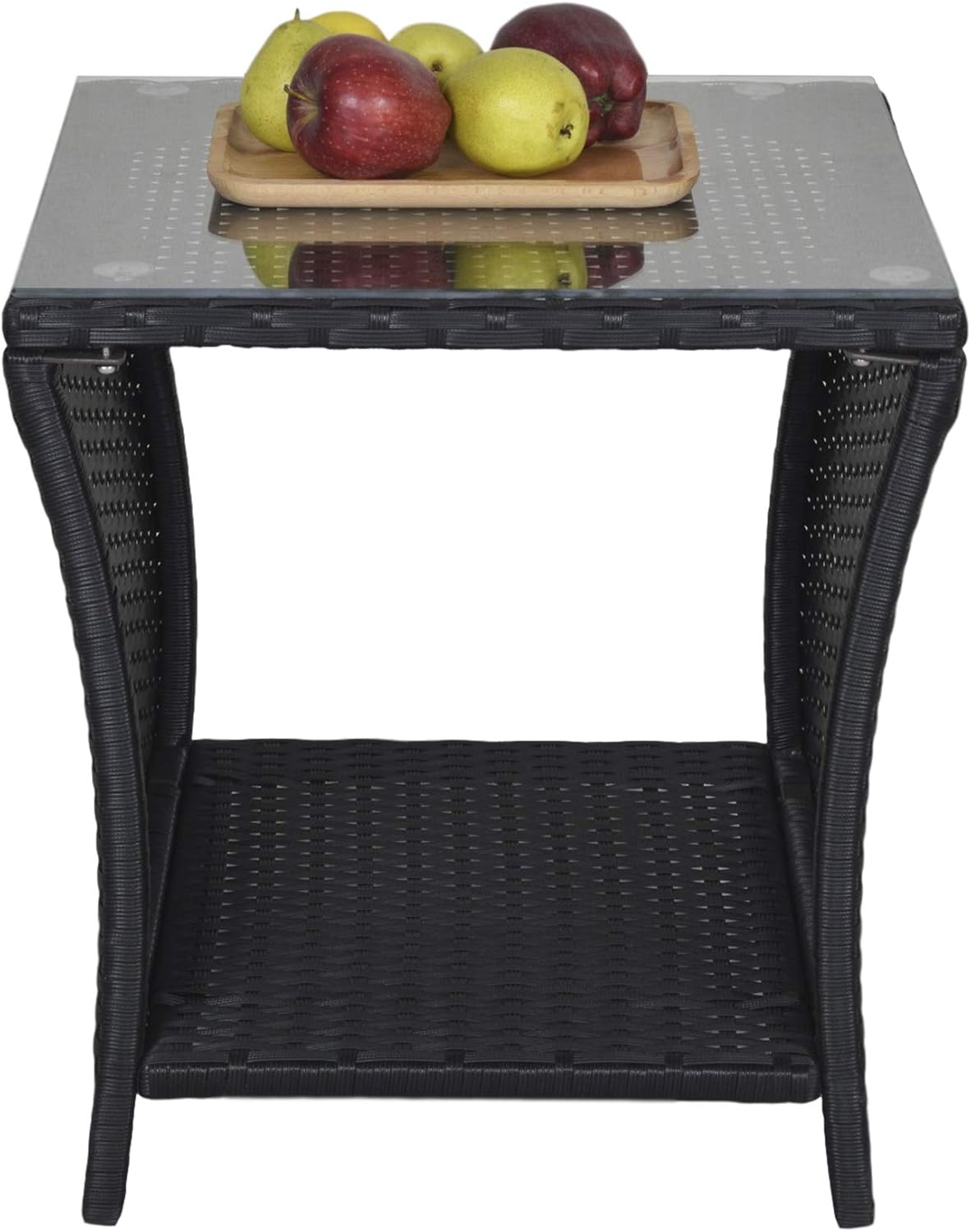 Amazon Com Sunvivi Outdoor Outdoor Wicker Side Table All Weather Resistant Patio Side Tables Porch Square Side Coffee Table With Glass Top Storage Black Steel Frame Kitchen Dining