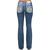 Miss Me Women's Neutral Wing Embellished Faux Flap Pockets Mid-Rise Bootcut Jeans