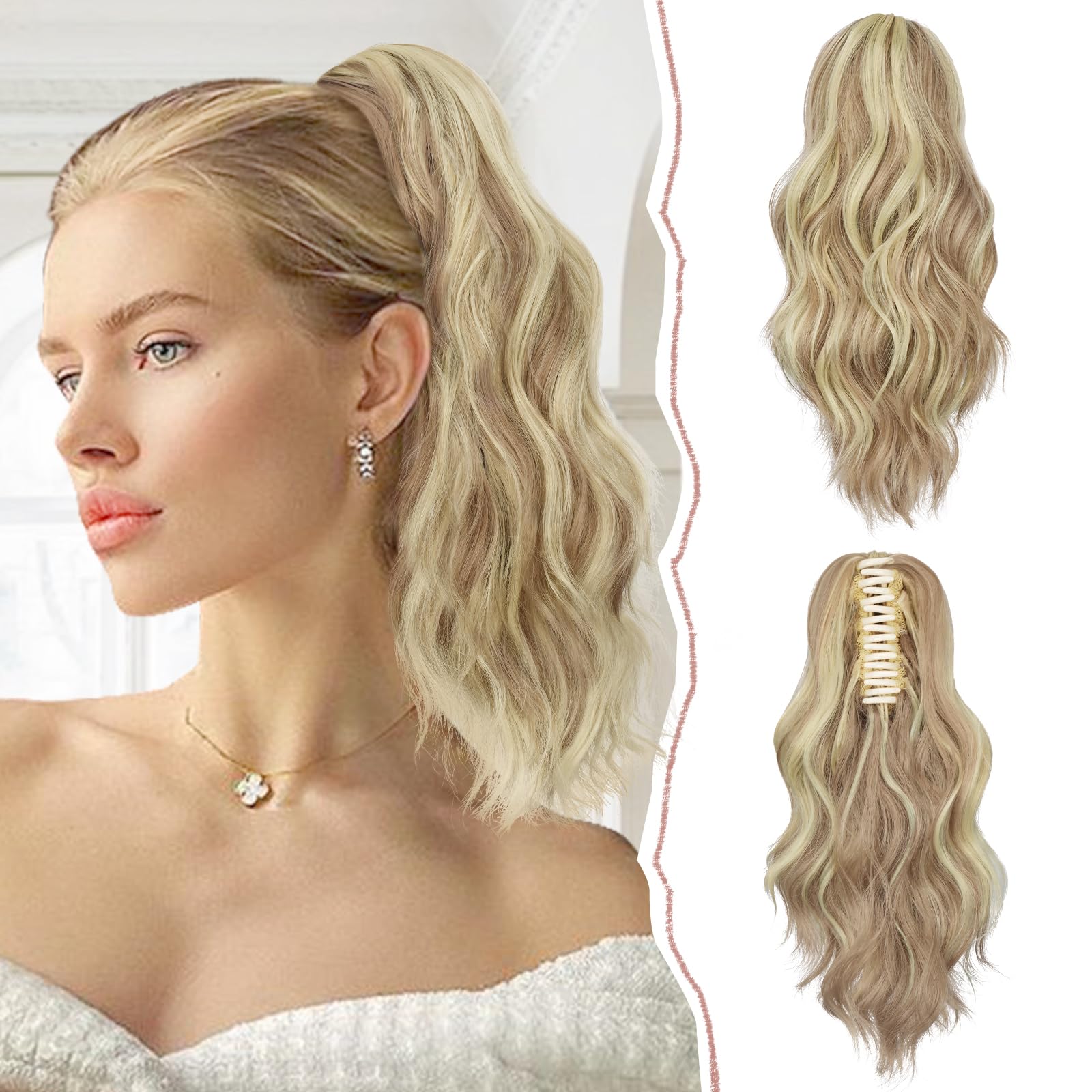 Sofeiyan 14'' Ponytail Extension Curly Clip in Claw Hair Extensions Natural Wavy Looking Synthetic Hairpiece for Women, Light Ash Brown Mix Bleach Blonde