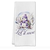 SereneHanctuary Purple Snowman Winter Kitchen Towels, Farmhouse Christmas Tree Snowman Dish Tea Towels, Snow Christmas Decorative Hand Towel for Kitchen Bathroom, 16x24 Inch