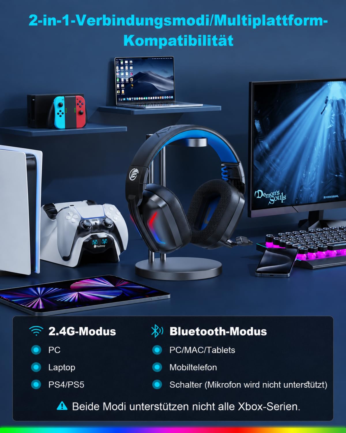 Fachixy Wireless Gaming Headset mit Mikrofon für PS5, PS4, PC, Switch, Mac und Laptop, 2,4GHz Low Latency USB & Bluetooth, faltbar mit LED-Licht, Surround Sound und 80 Std. Akkulaufzeit 6