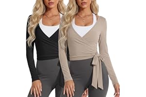 Coume 2 Pack Women’s Ballet Pilates Wrap Top Long Sleeve Tie Front Shrug Yoga Shirt Y2k Workout Active Blouses Crop Tops