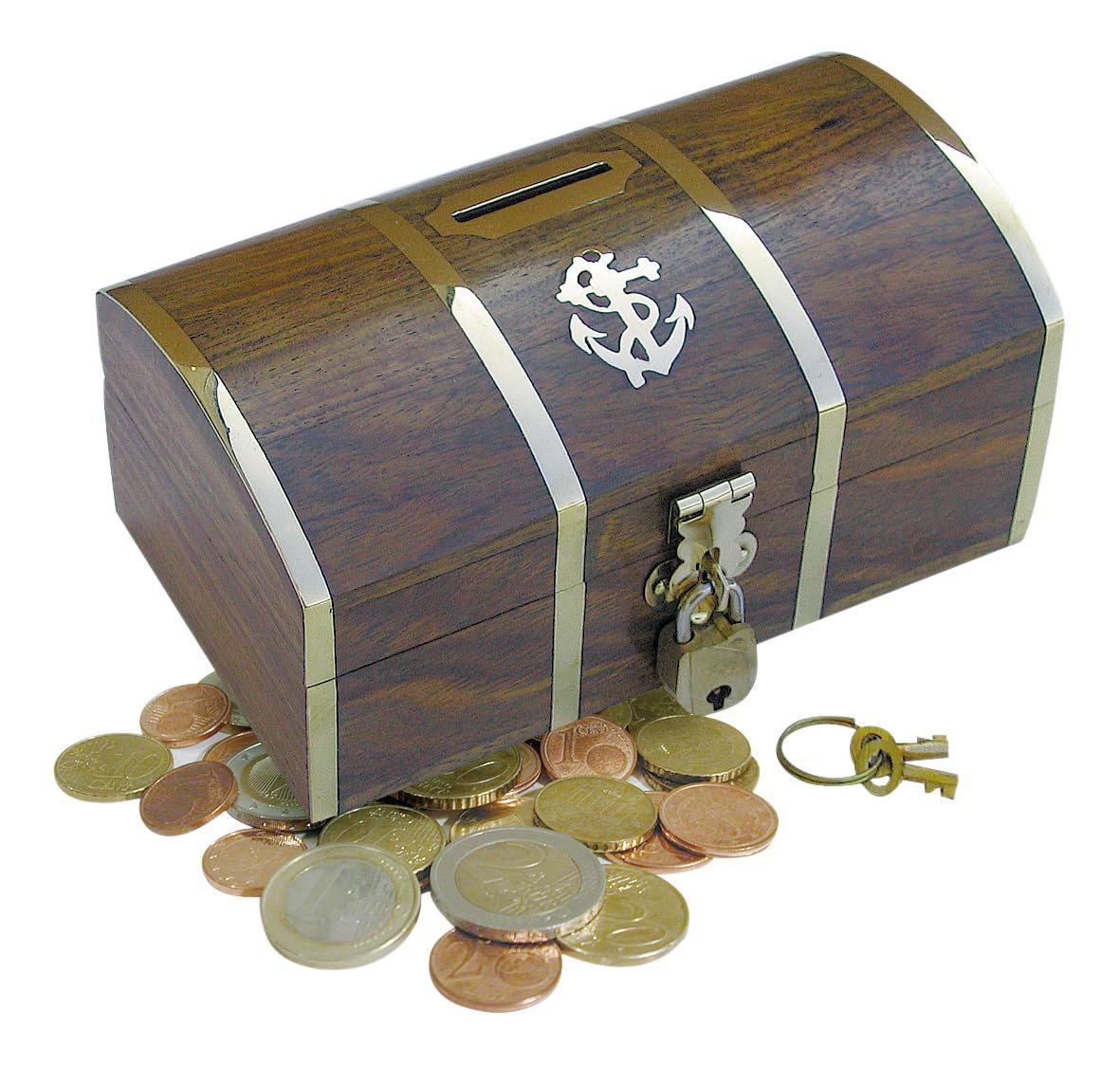 Piggy Bank Wood/Brass 140 x 82 x 63 mm with Castle and Anchor Inlay