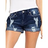 luvamia Women's Ripped Denim Jean Shorts High Waisted Stretchy Folded Hem Short Jeans